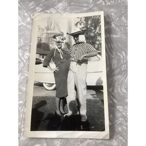 Vintage 1951 Easter Snapshot Photo Pregnant Woman Man Funny Hats Costumes 3x5
